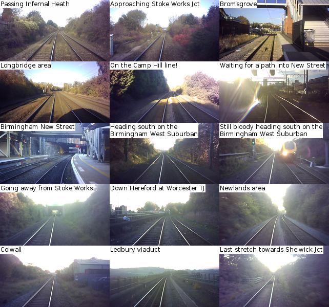 Thumbnails: Passing Infernal Heath - Approaching Stoke Works Jct - Bromsgrove -
Longbridge area - On the Camp Hill line! - Waiting for a path into New
Street - Birmingham New Street - Heading south on the Birmingham West
Suburban - Still bloody heading south on the Birmingham West Suburban - 
Going away from Stoke Works - Down Hereford at Worcester TJ - Newlands
area - Colwall - Ledbury viaduct - Last stretch towards Shelwick Jct